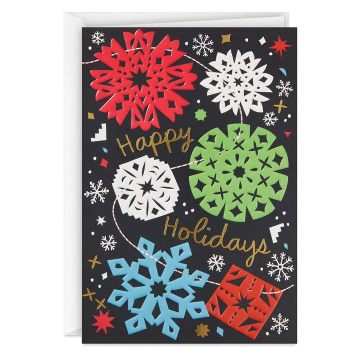 Colorful snowflake design with 'Happy Holidays' text on a black background