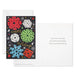 Holiday card with colorful snowflakes and 'Happy Holidays' text on a black background, and the opened card with text on a white background. 