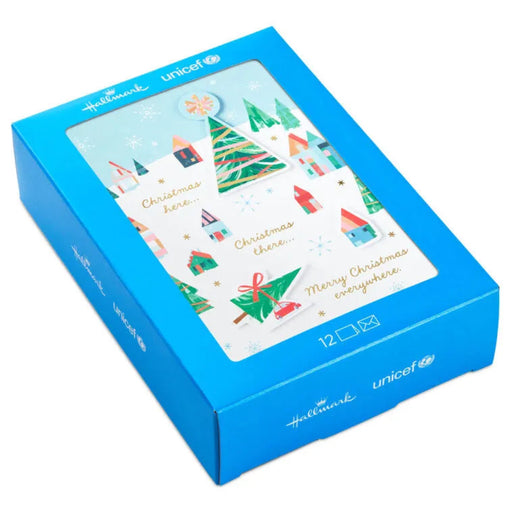 Blue box of Hallmark Christmas cards with festive designs on a white background