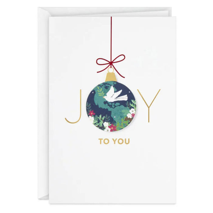 Greeting card with Christmas ornament design and 'JOY TO YOU' text on a white background