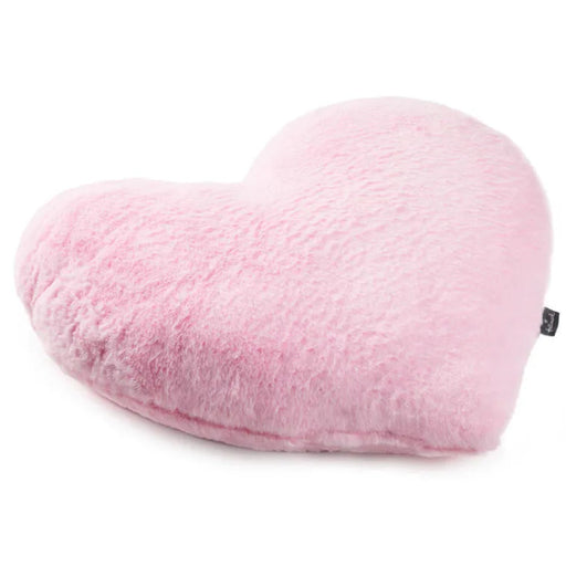 Angled front view of a pink heart-shaped pillow made of soft plush material, designed for cozy décor or gifting.