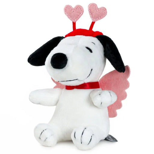 Angled front view of Peanuts® Snoopy Cupid Zip-Along plush toy with smiling embroidered face, heart antennae, and pink wings.