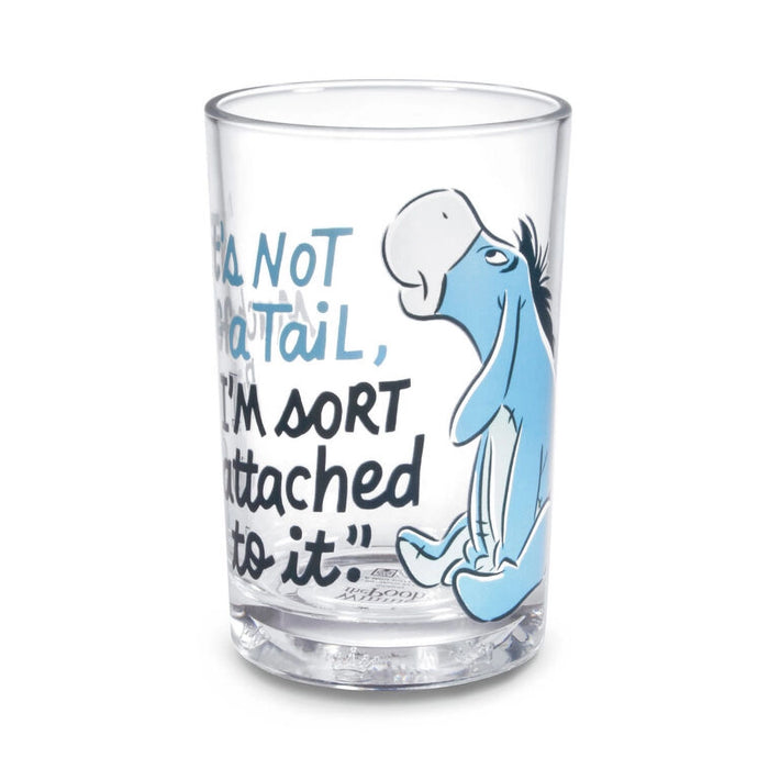 Clear glass with a cartoon character and text on a white background