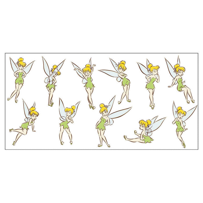 Multiple illustrations of a fairy character in green dress and yellow hair on a white background.