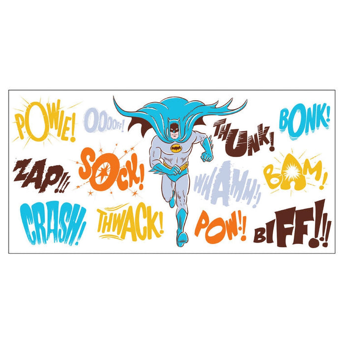 Superhero character with dynamic action words on a white background