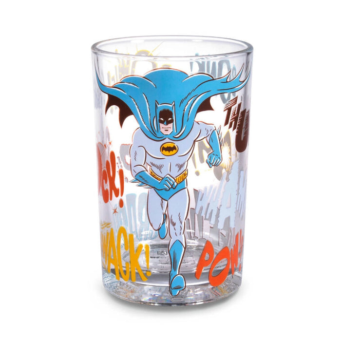 Clear glass with a superhero design featuring a cape and mask, on a white background.