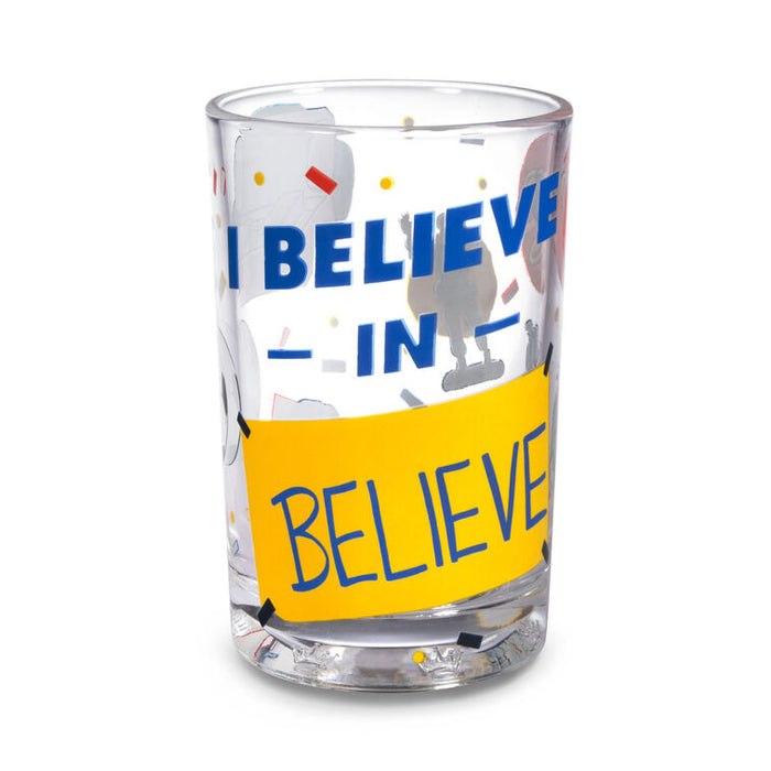 Clear glass with 'I Believe' text and colorful design on a white background