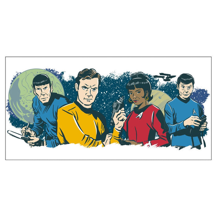 Illustration of four characters from a science fiction series with a spaceship in the background.