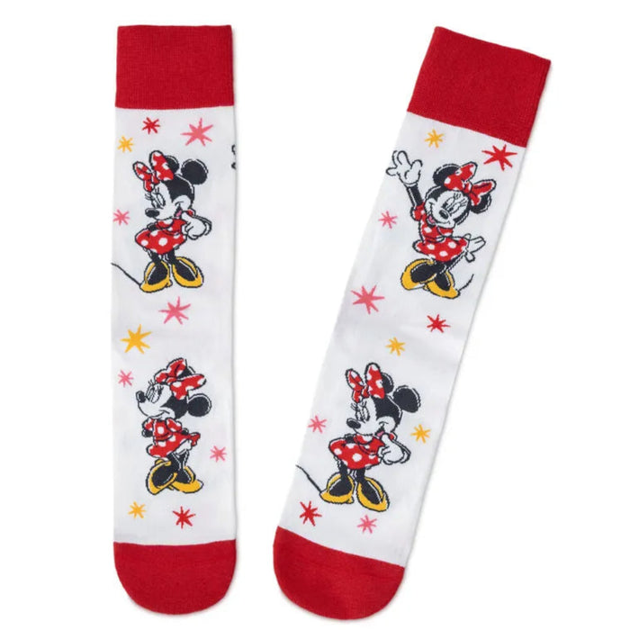 Minnie mouse crew socks on a white background. 