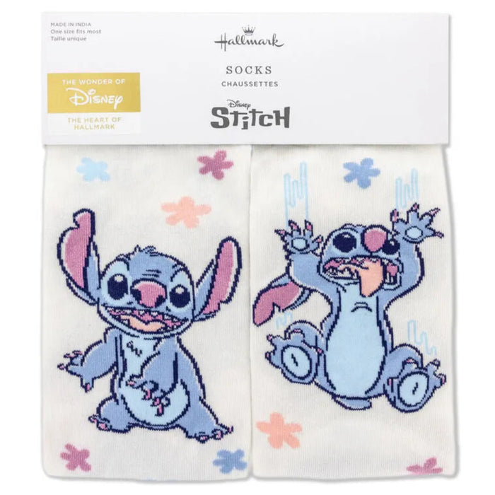 Pair of socks with  Stitch cartoon character packaging featuring Hallmark and Disney branding.