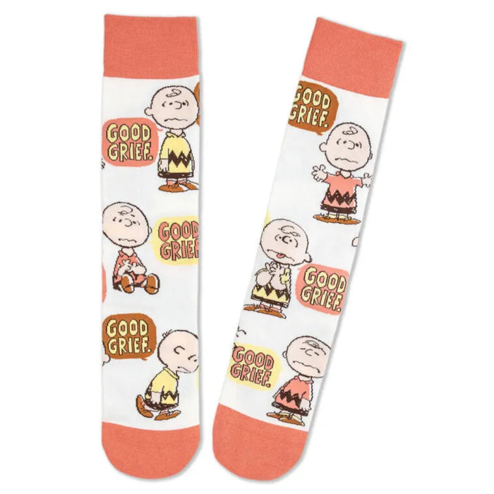 Pair of  socks with Charlie Brown illustrations and 'Good Grief' text on a white background