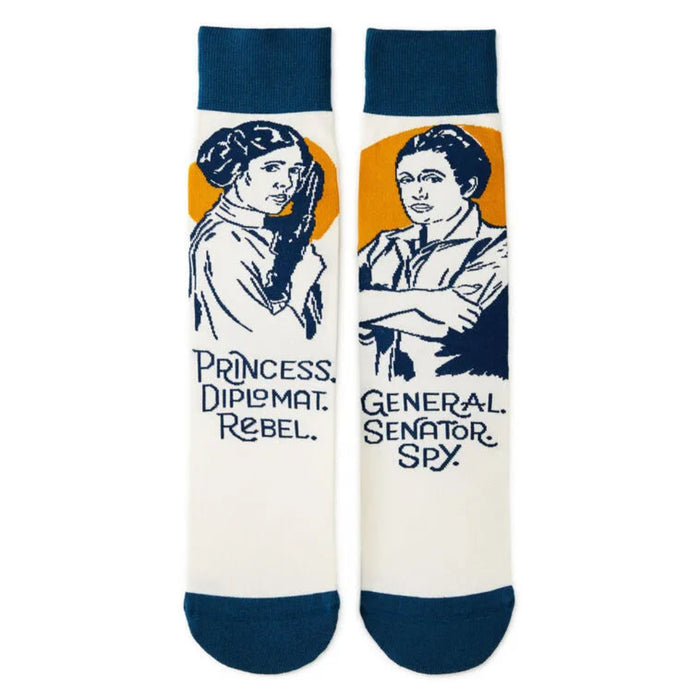 Pair of socks with illustrated  Star wars character Leia and text on a white background