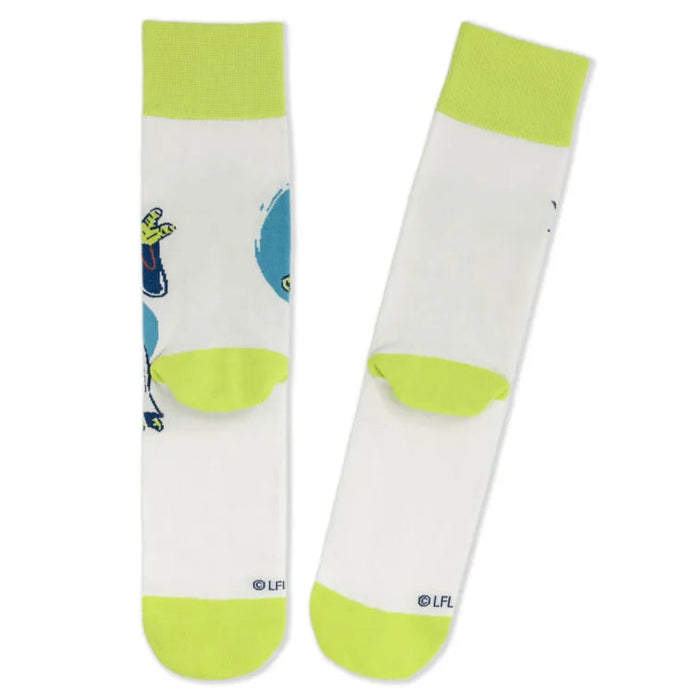 Pair of  YODA socks with cartoon character design on a white background