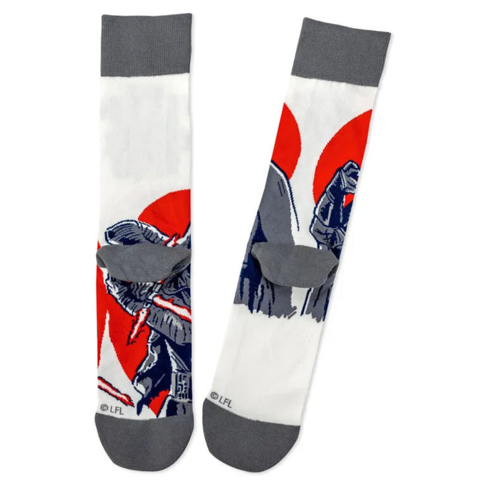 Pair of socks with a design of a character holding a red circle on a white background