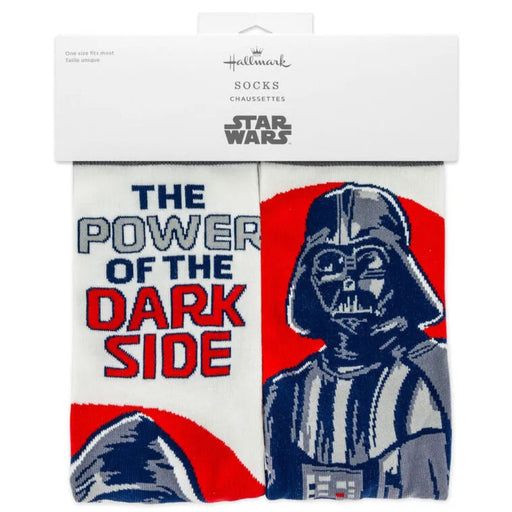 Star Wars socks with Darth Vader design and 'The Power of the Dark Side' text, in packaging.
