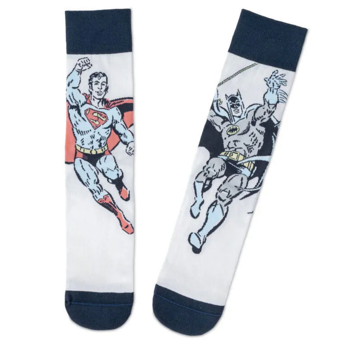 Two socks with superhero designs on a white background