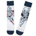 Two socks with superhero designs on a white background