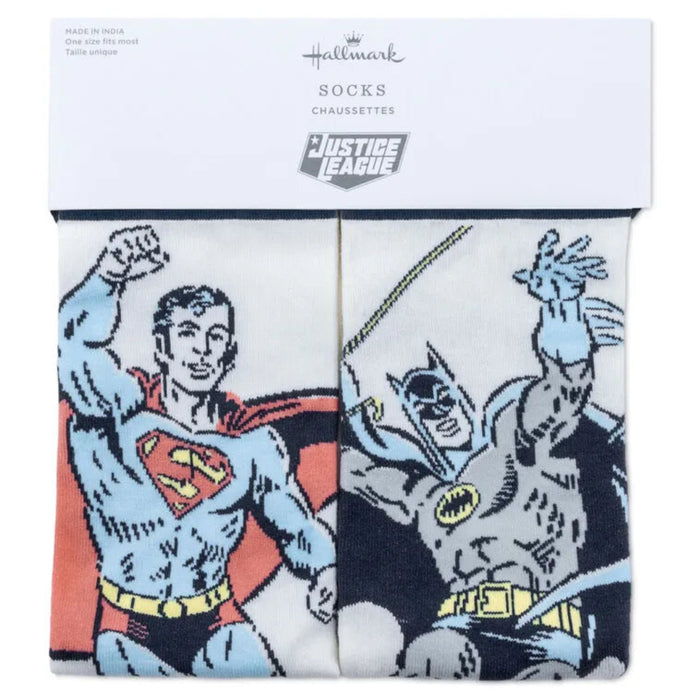 Pack of socks featuring Superman and Batman with Hallmark branding.