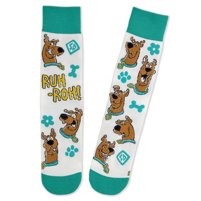 Pair of Scooby Doo socks with cartoon character and 'Ruh Roh!' text on a white background