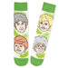 Pair of socks with illustrations of four people's faces Rose, Sophia, Blanch and Dorothy on a white background