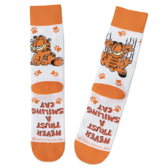 Two socks with Garfield the cat design on a white background