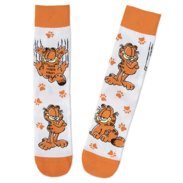 Pair of socks with Garfield the cat design on a white background