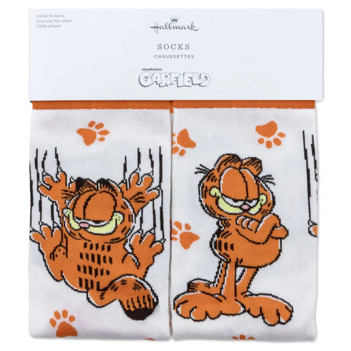 Pair of socks with Garfield the cat design on a white background, featuring the Hallmark brand.