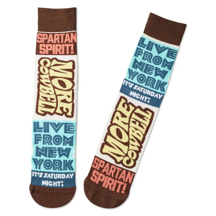 Two socks with text and designs on a white background