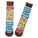 Two socks with text and designs on a white background