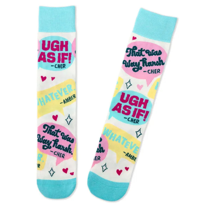 Colorful Clueless socks with text and graphics on a white background