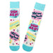 Colorful Clueless socks with text and graphics on a white background