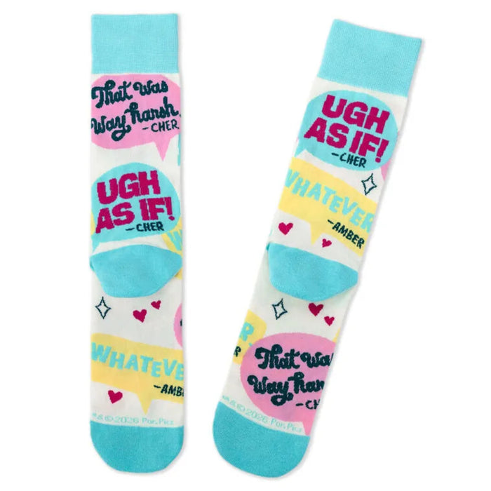 Colorful Clueless socks with text and graphics on a white background