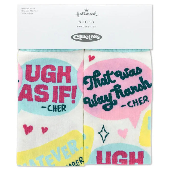 Pack of socks with Cher quotes from Clueless on a white background