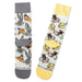 Two socks with cartoon character designs on a white background
