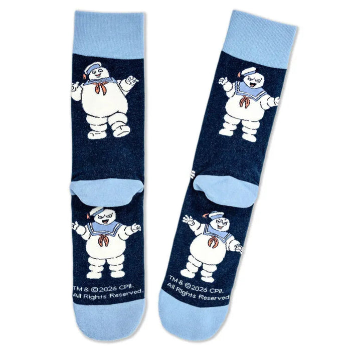 Pair of ghostbuster socks with cartoon character on a white background
