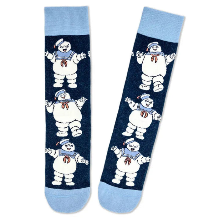 Pair of Ghostbusters socks with cartoon character design on a white background