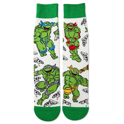 Crew socks with cartoon Teenage Mutant Ninja Turtles characters on a white background