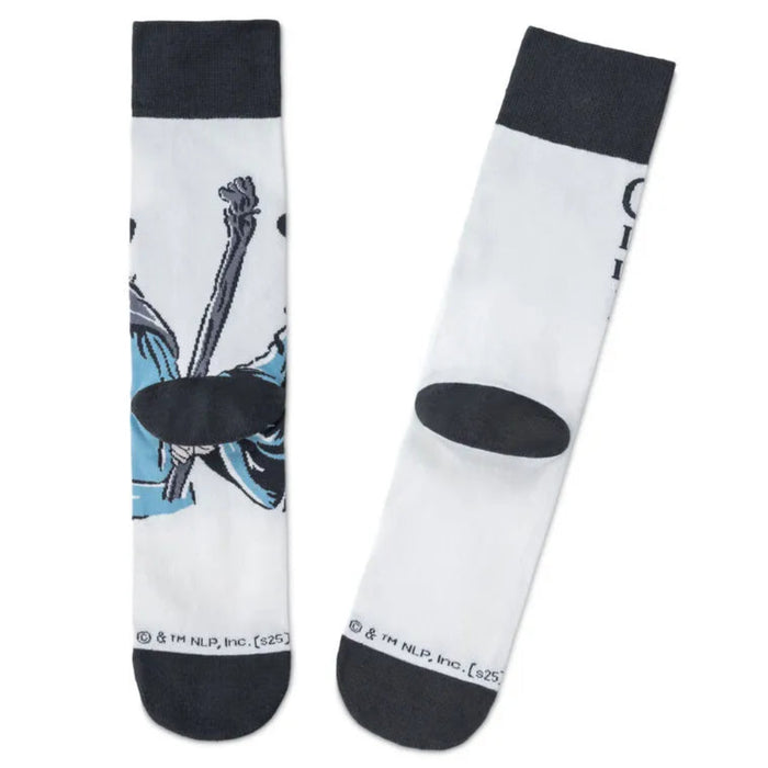 White socks with black accents and a graphic design of a famous Lord of the Rings  on a white background