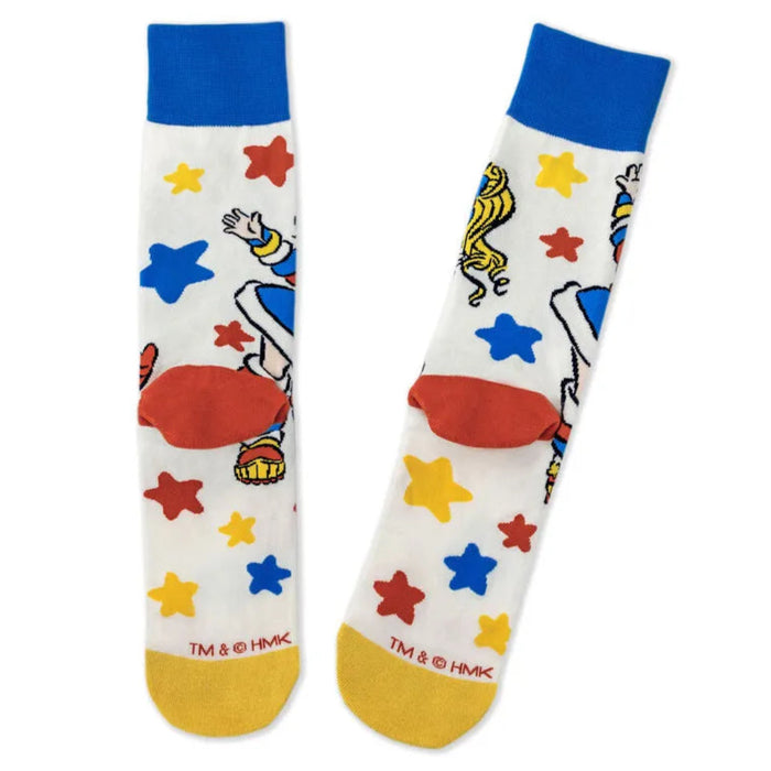 Colorful socks with cartoon characters and star patterns on a white background