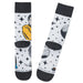 Two socks with space-themed designs on a white background