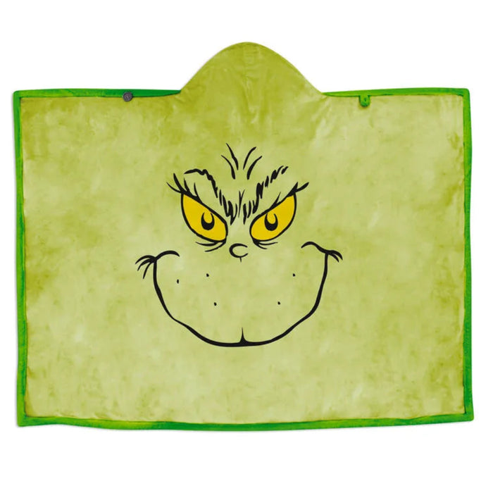 Green hooded blanket with a Grinches'  face design on a white background