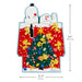 Decorative wall hanging with cartoon characters around a Christmas tree, including dimensions.