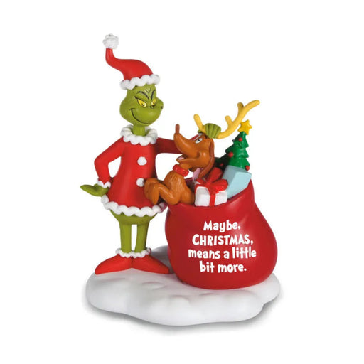 Grinch dressed as Santa patting Max the dog, who pops out of a toy sack, colorful resin figurine.”