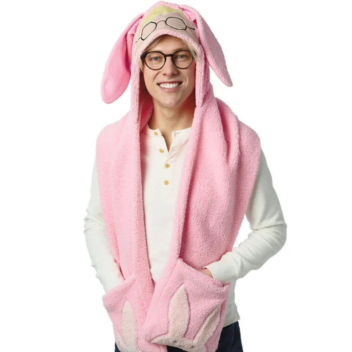 Person wearing a pink bunny scarf with a white shirt underneath on a white background