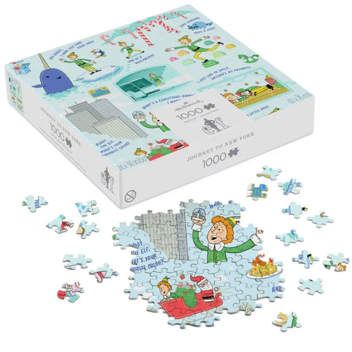 Puzzle box with puzzle pieces featuring characters and scenes from a children's book on a white background