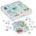 Puzzle box with puzzle pieces featuring characters and scenes from a children's book on a white background