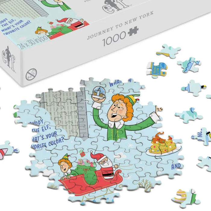 Jigsaw puzzle with cartoon characters and a box labeled 'Journey to New York' on a white background