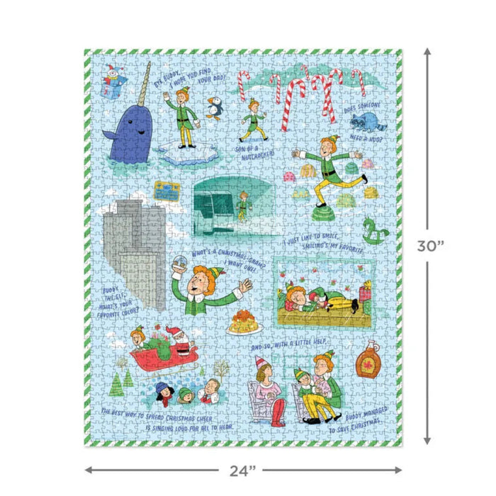 Illustrated map of a Christmas-themed adventure with characters and scenes, featuring dimensions on a white background.