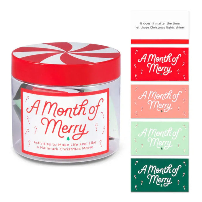 Clear jar with red lid labeled 'A Month of Merry' and matching labels on a white background