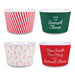 Four festive-themed popcorn bowls with holiday designs and text on a white background